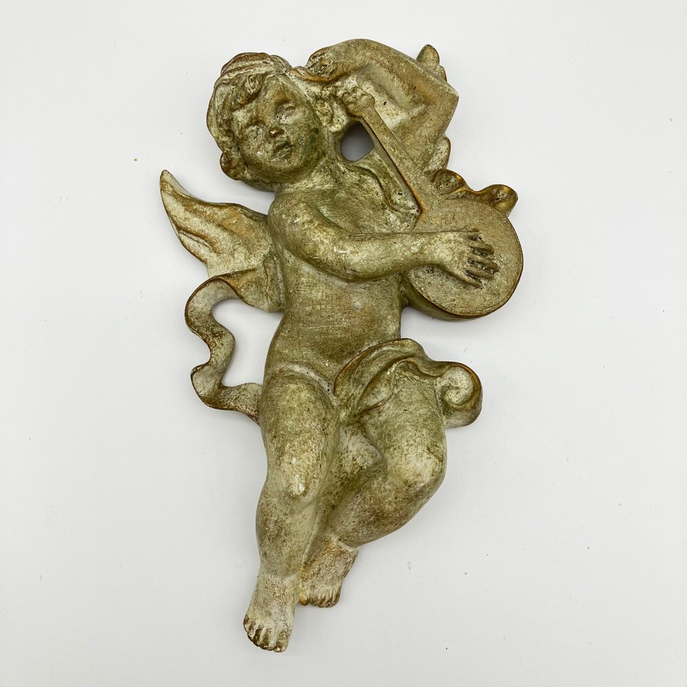 Vintage Cherub Angel Wall Plaque 8" Gold Gilded Resin Musical Lute Decor - Picture 3 of 9